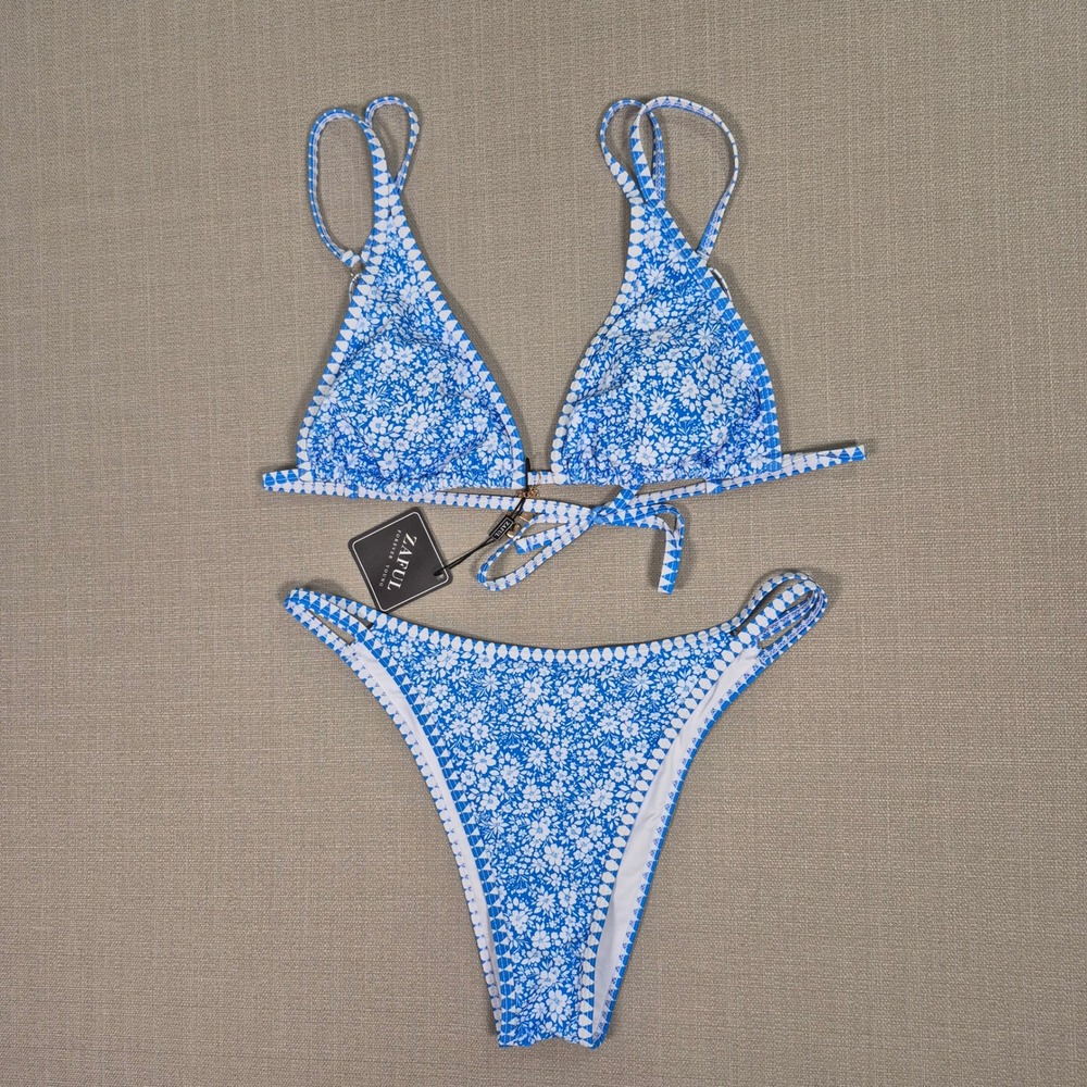 Zaful Women Blue White Floral Triangle Bikini Set Dual Straps Size L New